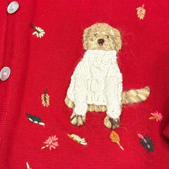 Talbots Vintage Red Knit Cardigan Sweater Dog & Fall Embroidery Small Petite - Picture 3 of 12